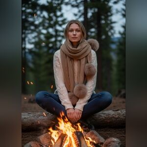 Cozy Tan Knit Scarf And Beanie with Pom Poms